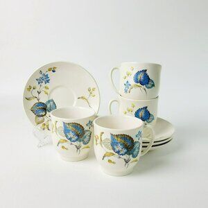 Vintage SylvaC Lime Grove Tea Cup & Saucer 4 Sets 1960s Blue Floral & Foliage
